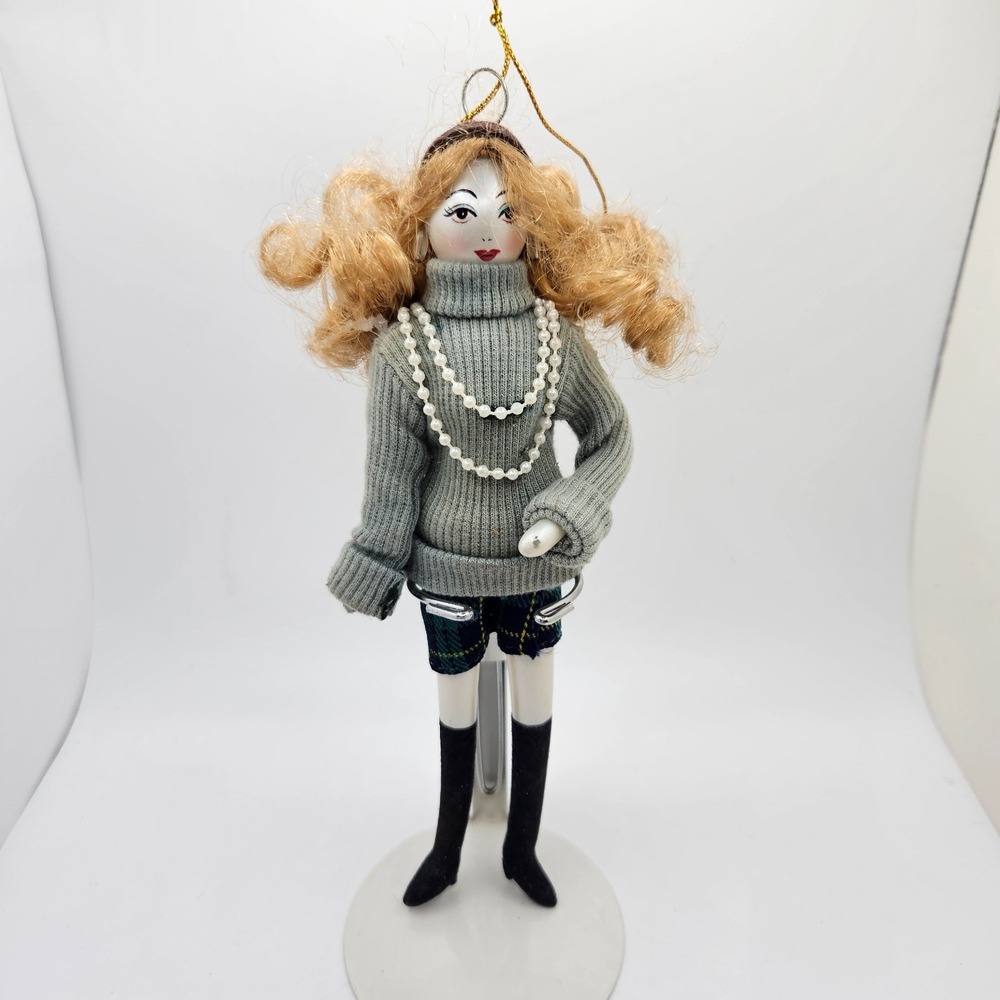 Vintage Porcelain Doll Ornament Blonde Hair Turtleneck Sweater Plaid Skirt 8"